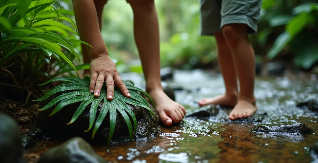 Famille avec enfants découvrant une cascade dans la forêt tropicale guadeloupéenne