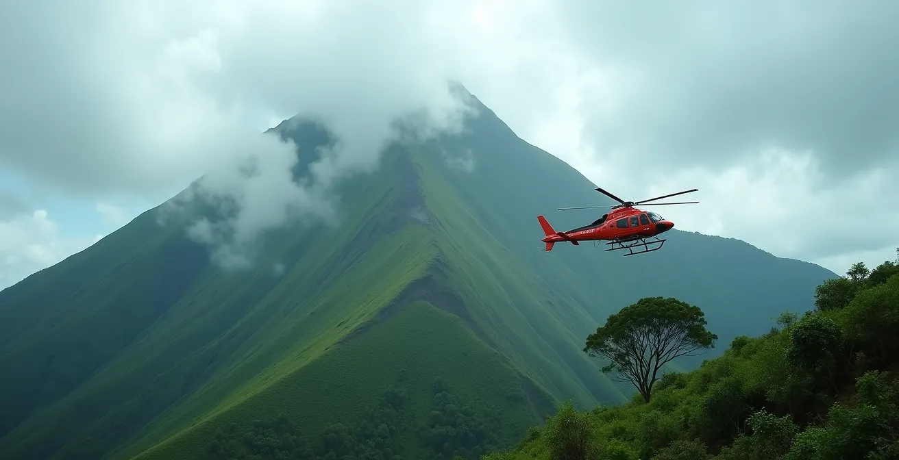 Hélicoptère de secours survolant les flancs verdoyants du volcan de la Soufrière en Guadeloupe