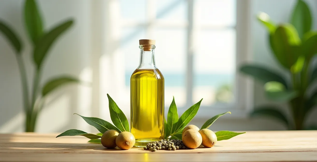 Bouteille d'huile dorée-verte entourée de feuilles tropicales et de noix de calophyllum