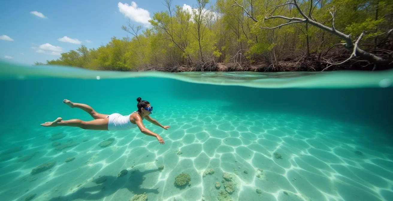 Snorkeleur explorant les eaux cristallines près de l'îlet Fajou avec herbiers marins visibles