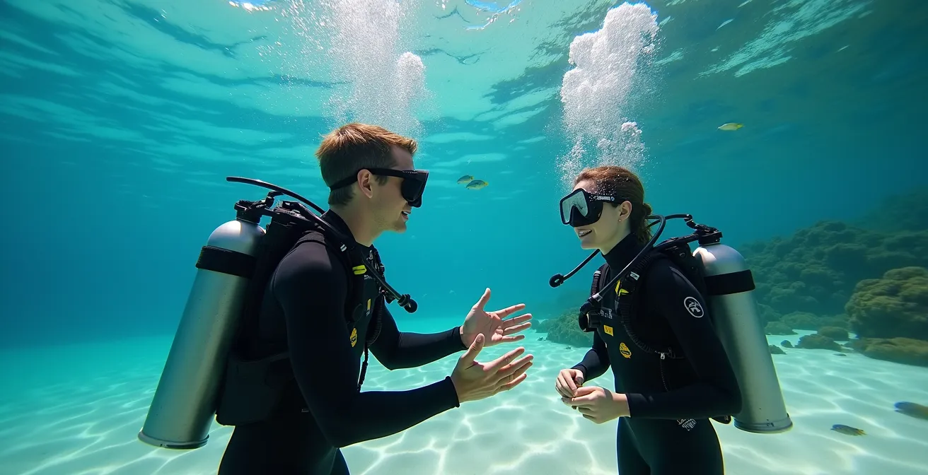 Instructeur de plongée guidant un élève dans des exercices en eau peu profonde