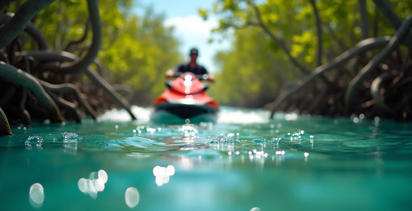 Jet-skis naviguant dans les eaux calmes de la mangrove guadeloupéenne entre les racines de palétuviers