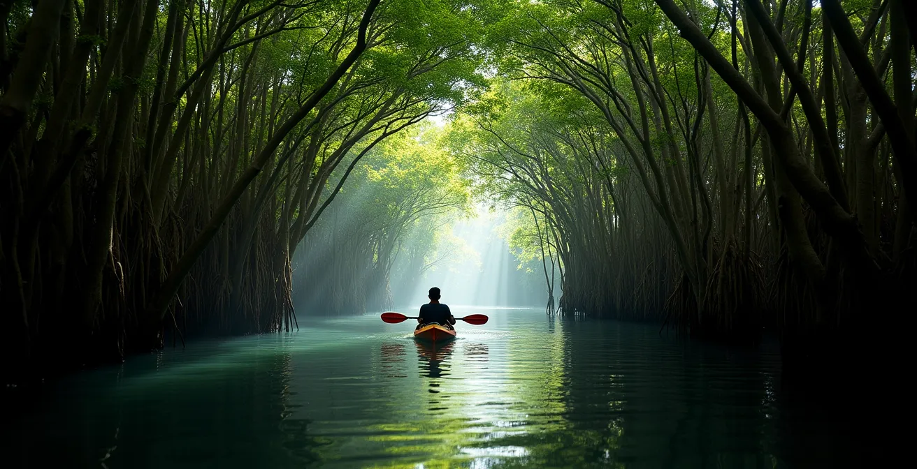 Kayakiste naviguant dans un tunnel naturel formé par les palétuviers dans la mangrove