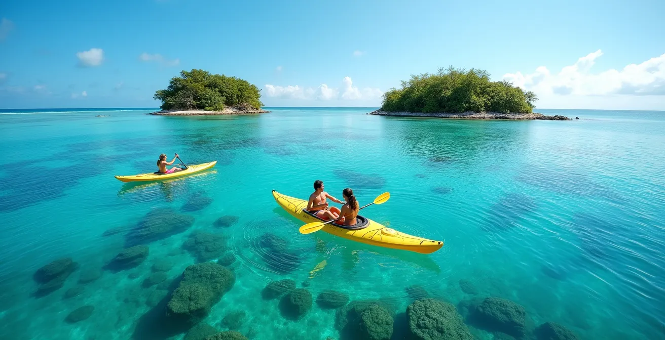 Kayaks transparents naviguant au-dessus des eaux turquoise de la Réserve Cousteau avec vue sur les îlets Pigeon