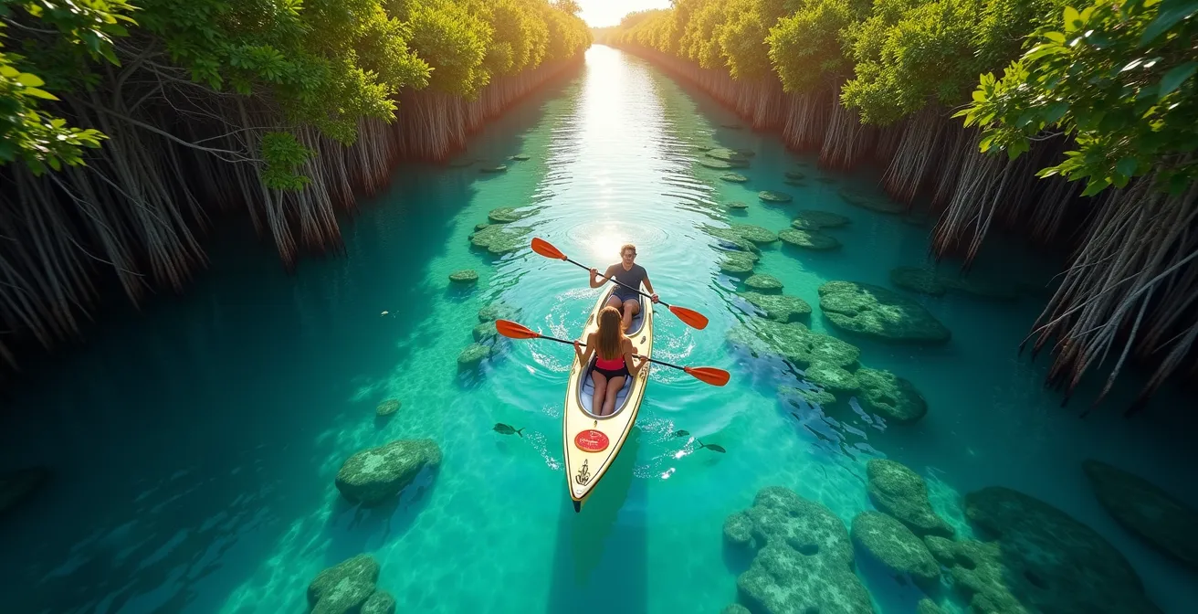 Couple naviguant en kayak transparent dans la mangrove de Guadeloupe au coucher du soleil