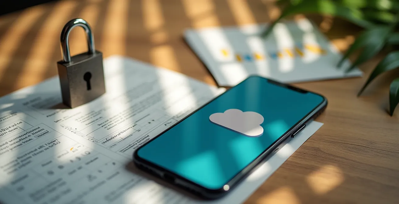 Smartphone montrant des icônes de cloud storage avec documents flous en arrière-plan