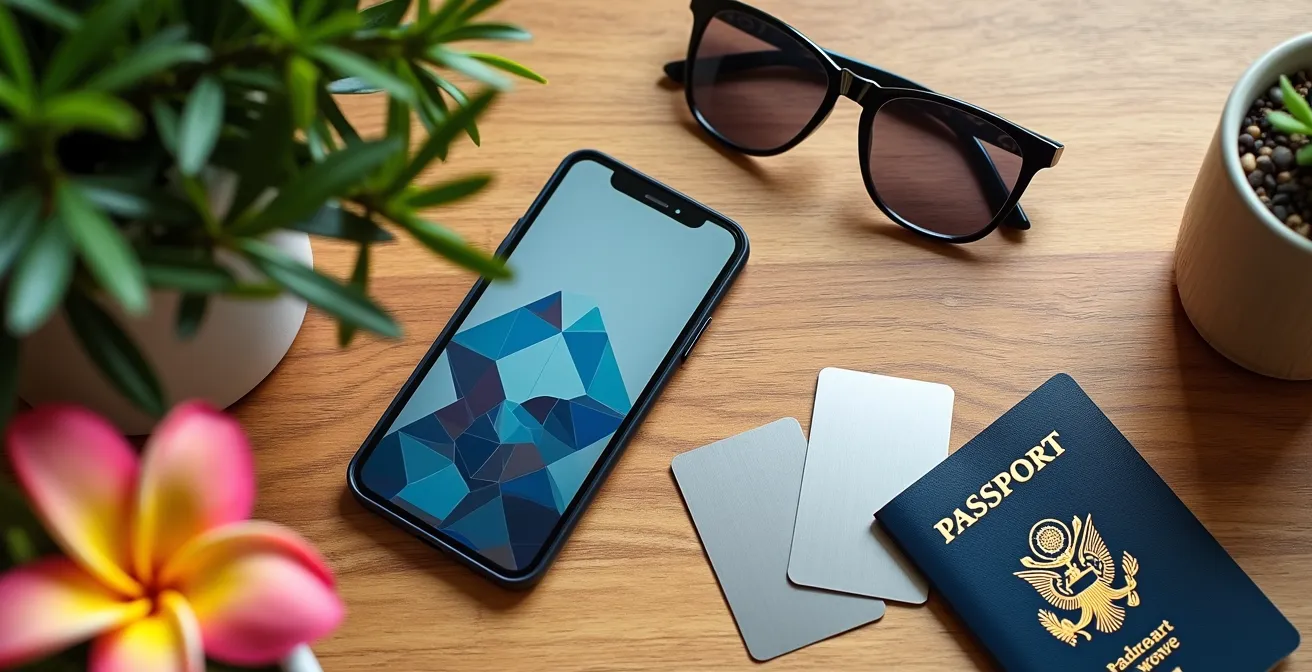 Composition minimaliste d'objets de voyage essentiels incluant un téléphone, un passeport et des éléments de sécurité