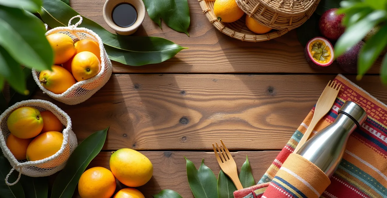 Composition minimaliste d'accessoires zéro déchet sur table en bois tropical avec fruits locaux