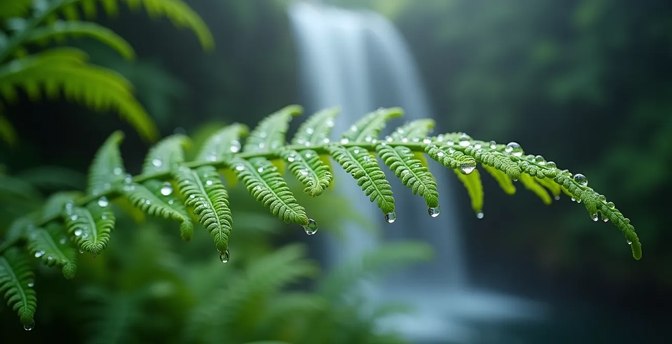 Gros plan sur des gouttelettes d'eau de cascade sur une fougère tropicale