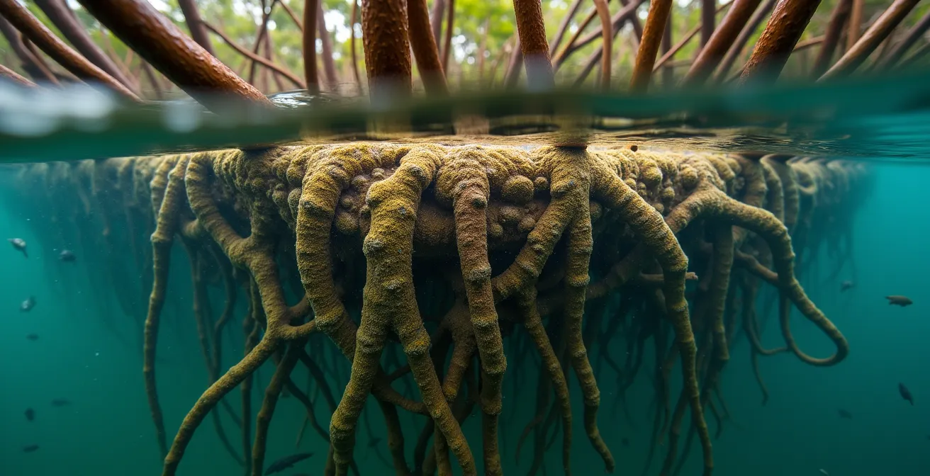 Système racinaire des palétuviers filtrant l'eau et protégeant la côte en Guadeloupe