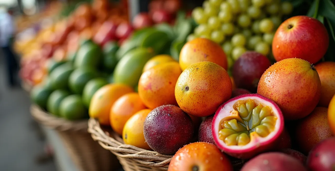 Étal coloré de fruits tropicaux sur un marché guadeloupéen