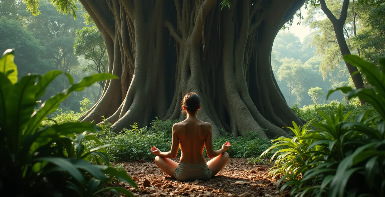 Personne pratiquant la méditation sous un fromager géant dans la forêt tropicale guadeloupéenne