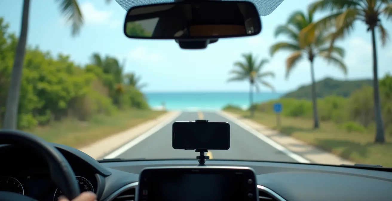 Vue depuis l'intérieur d'une voiture en Guadeloupe, montrant un smartphone sur un support GPS, avec une route côtière et des palmiers visibles à travers le pare-brise.