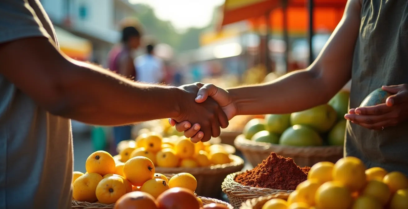 Scène de transaction au marché avec échange de monnaie et produits locaux