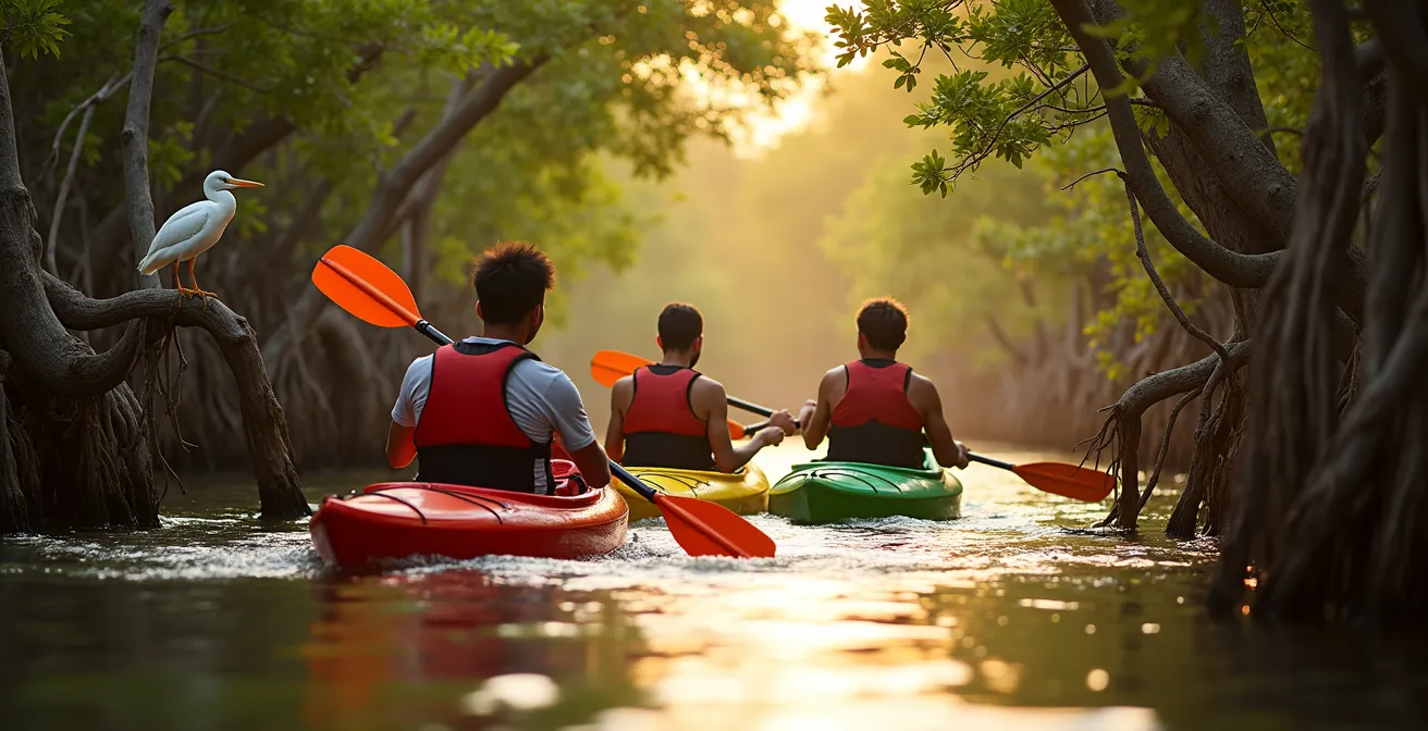 Vue aérienne des parcours de kayak dans le Grand Cul-de-sac marin avec îlets et mangrove