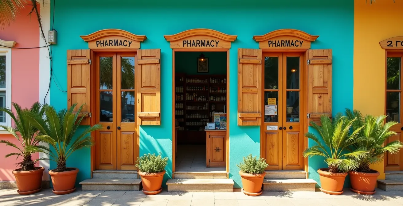 Devanture colorée d'une pharmacie guadeloupéenne avec architecture créole traditionnelle
