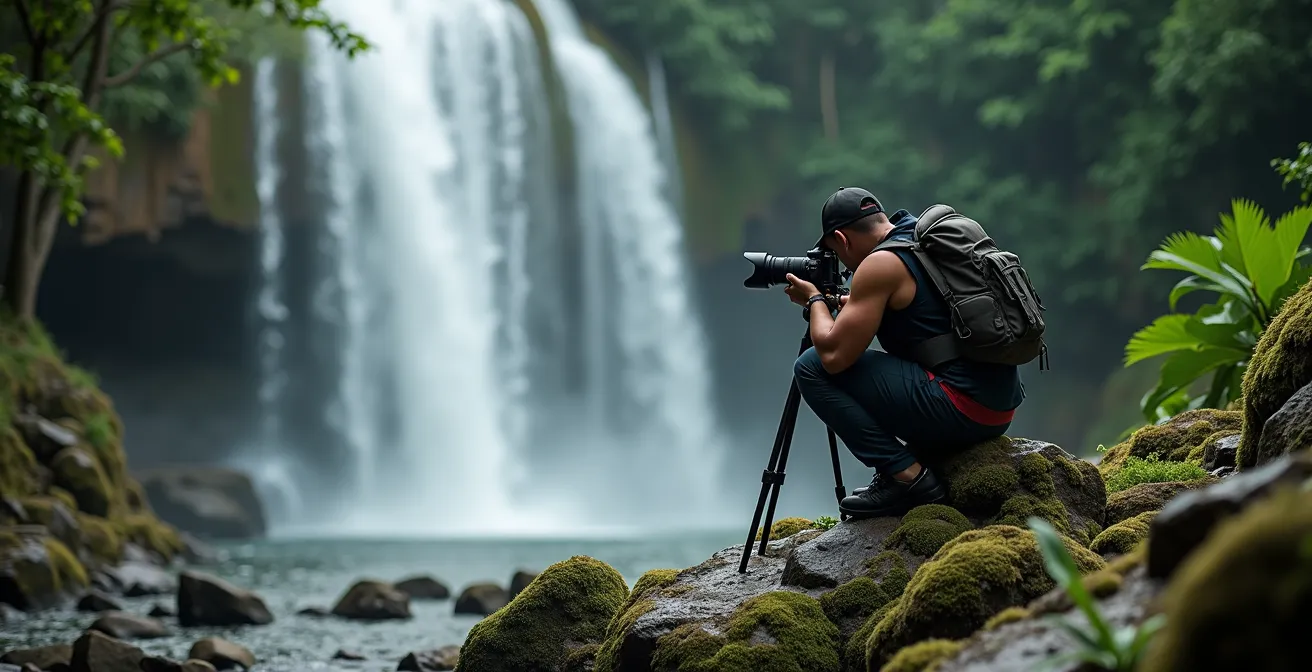 Photographe en action devant une cascade guadeloupéenne avec trépied et équipement photo professionnel