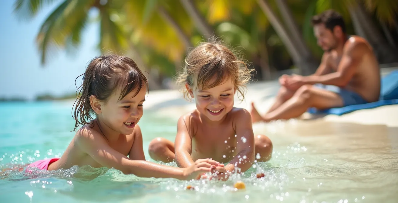 Enfants jouant en sécurité dans les eaux peu profondes d'un lagon turquoise protégé