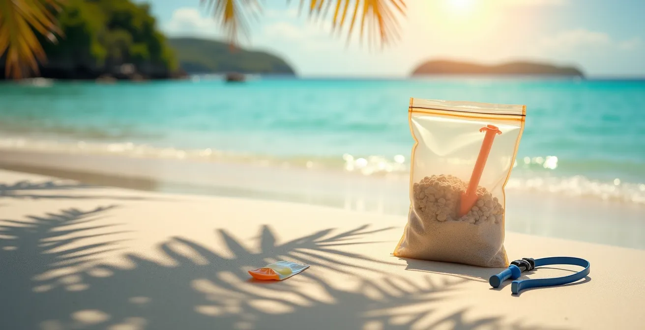 Plage paradisiaque de Guadeloupe avec accessoires de protection pour documents