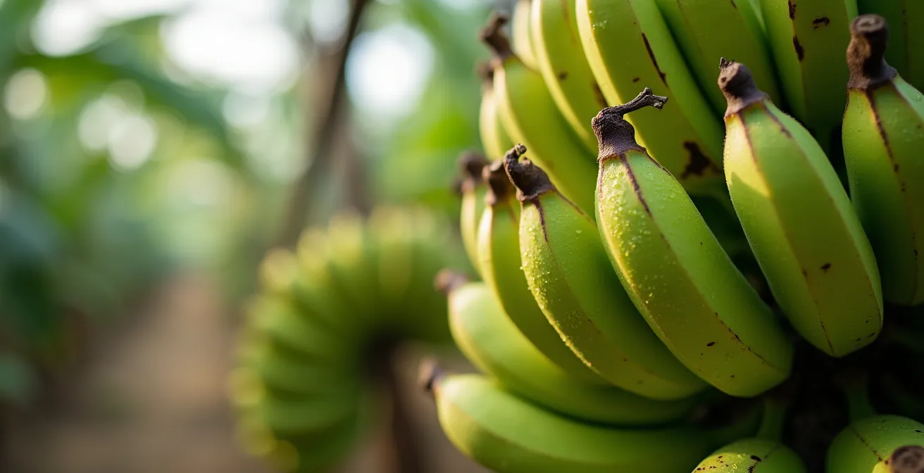 Régimes de bananes vertes suspendus par câble dans une plantation guadeloupéenne