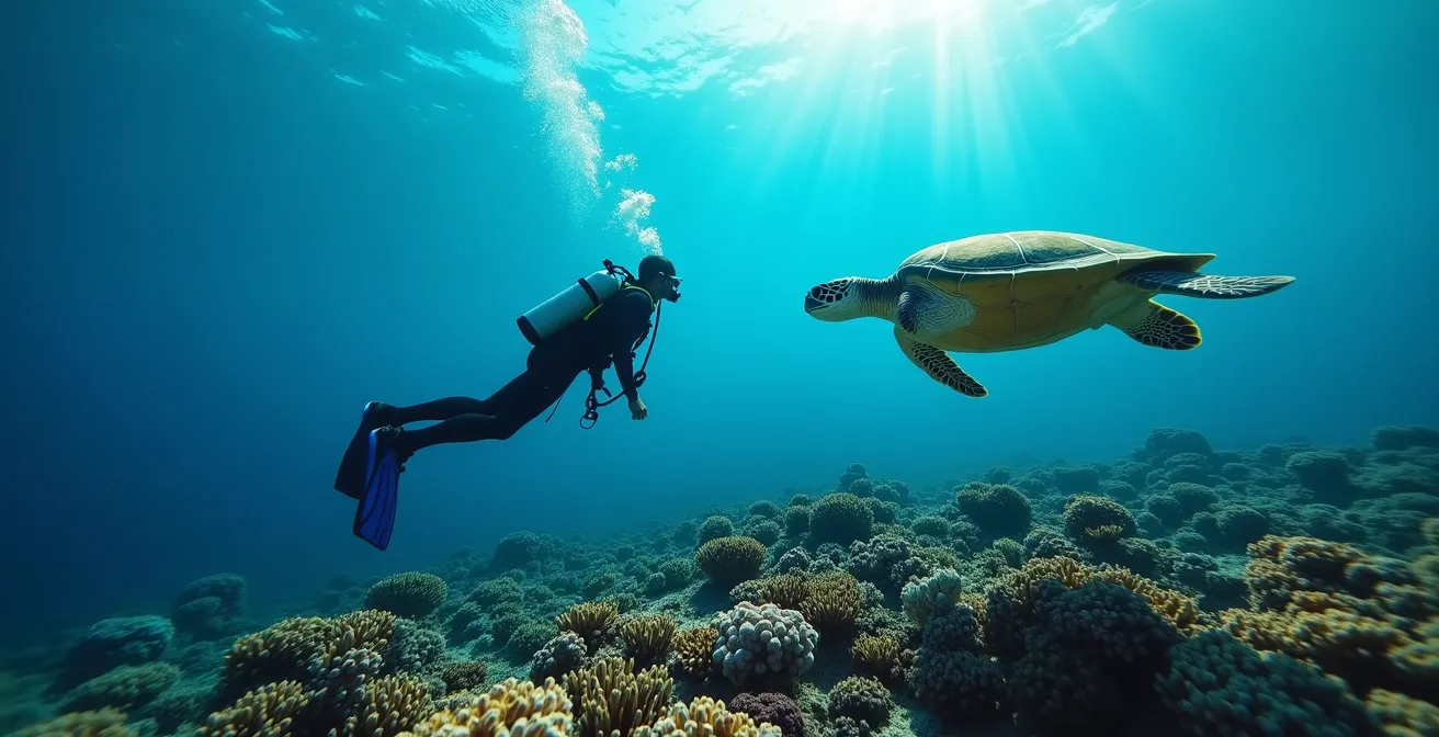 Plongeur observant une tortue verte nageant au-dessus d'un jardin de coraux dans les eaux cristallines