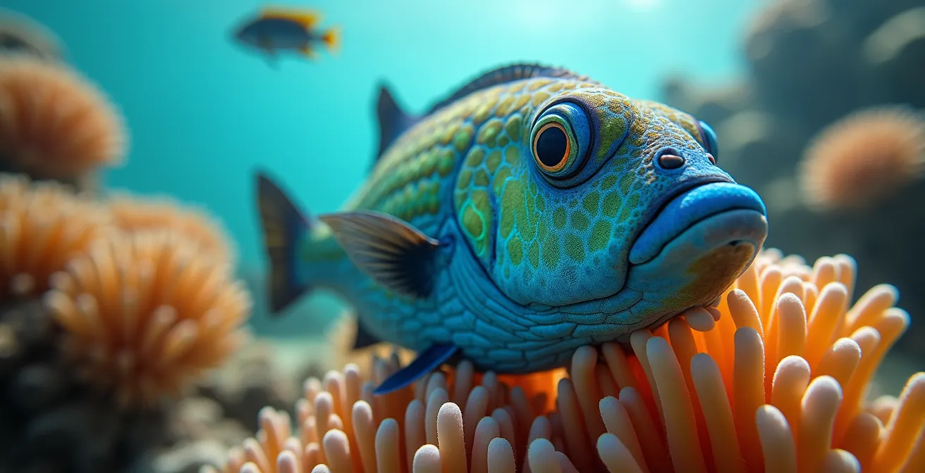 Banc de poissons tropicaux multicolores évoluant près d'un récif corallien en Guadeloupe