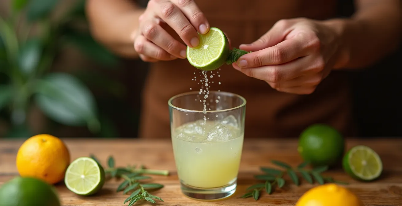 Gros plan sur la préparation traditionnelle d'un Ti-Punch avec pressage du citron vert