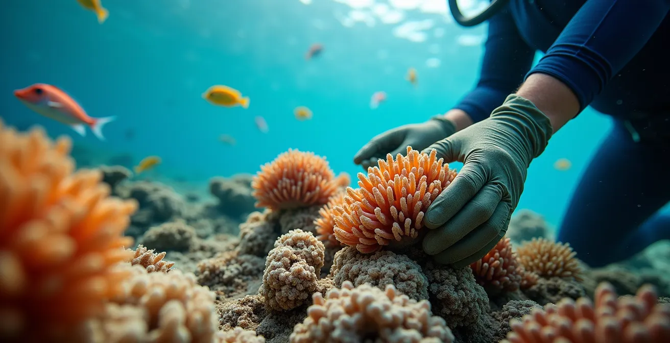 Plongeur scientifique travaillant sur la restauration des récifs coralliens dans les eaux cristallines de Guadeloupe