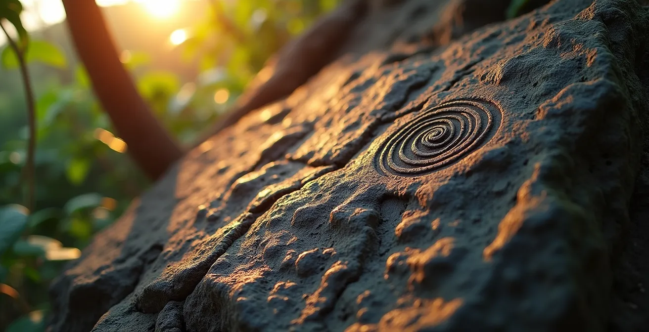 Pétroglyphes amérindiens gravés sur des roches volcaniques au parc archéologique de Trois-Rivières