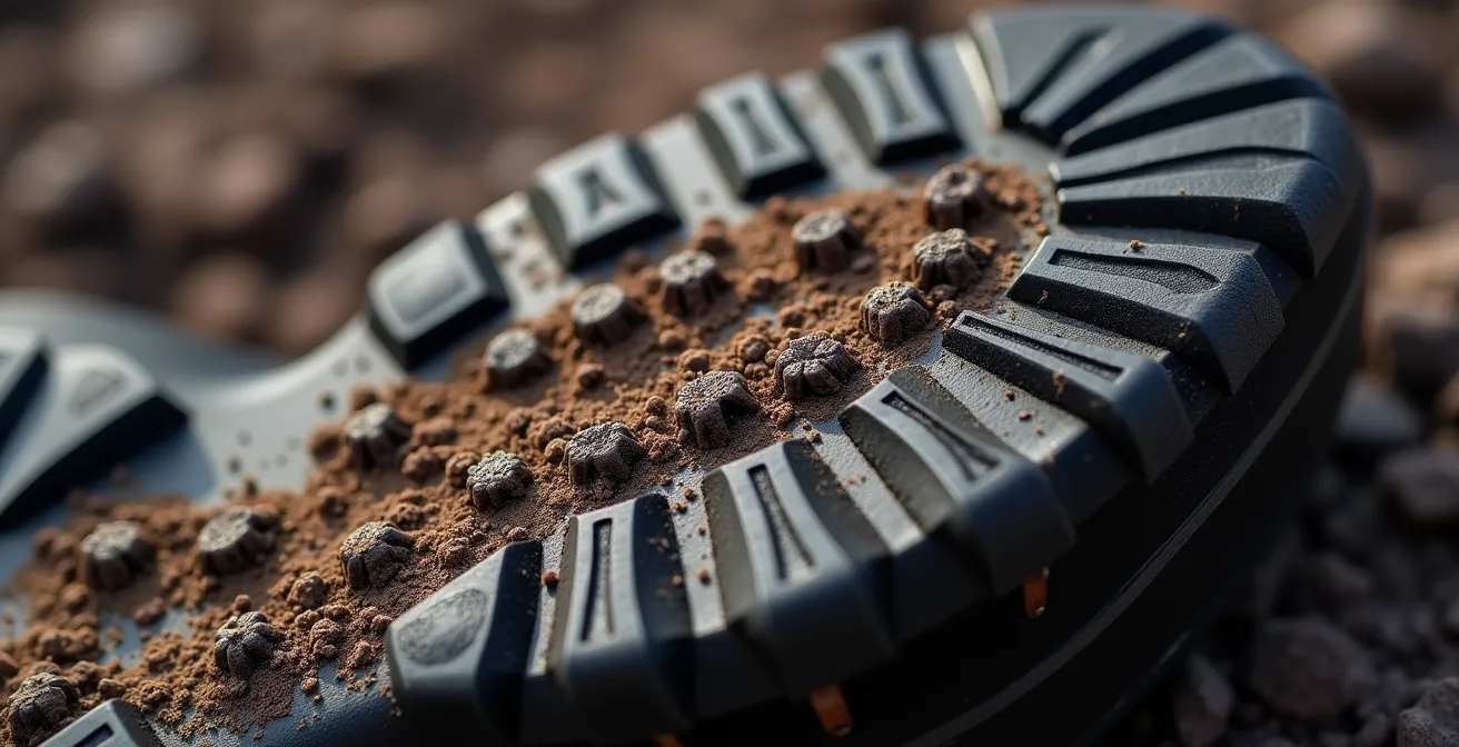 Gros plan sur une semelle de chaussure de randonnée avec crampons profonds adaptés à la boue volcanique