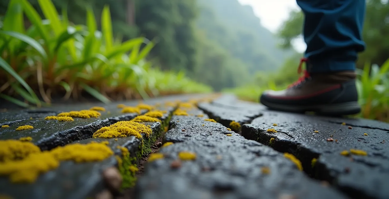 Le sentier de la Grande Faille traversant la végétation tropicale vers le sommet de la Soufrière
