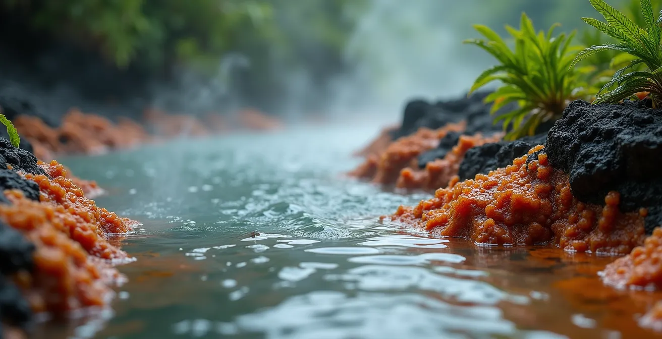 Bassin naturel d'eau thermale entouré de roches volcaniques et végétation tropicale en Guadeloupe