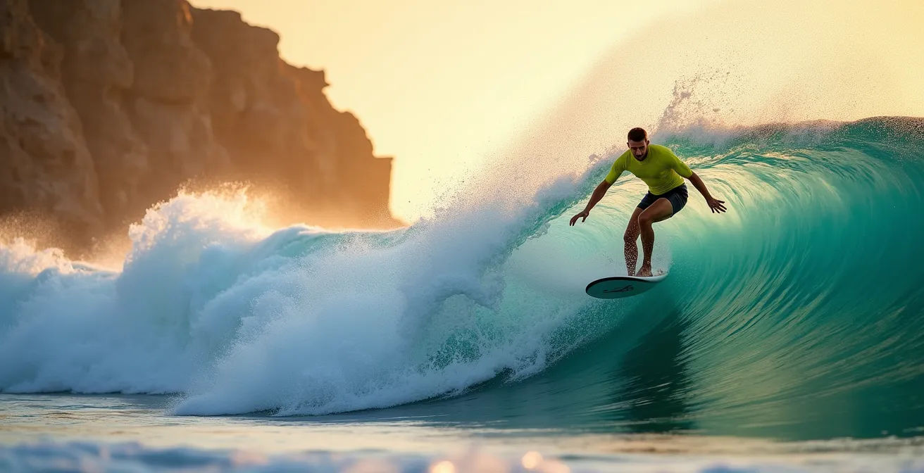 Surfeur sur une vague de la côte Atlantique guadeloupéenne avec falaises en arrière-plan