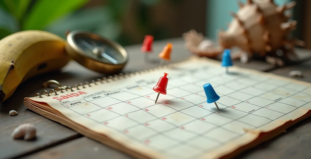 Calendrier de voyage avec épingles colorées et feuilles tropicales sur bureau en bois
