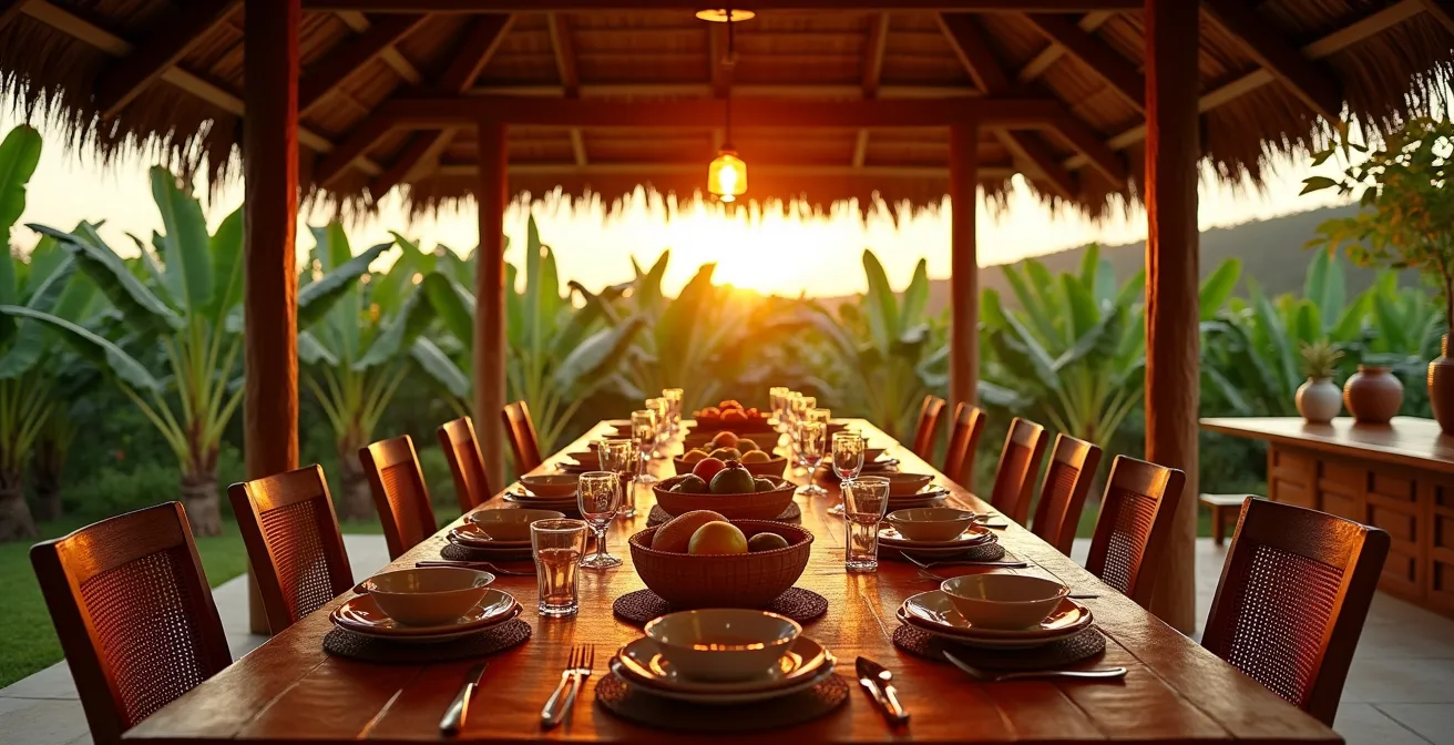 Table dressée en extérieur sous un carbet avec des plats créoles colorés et fruits tropicaux