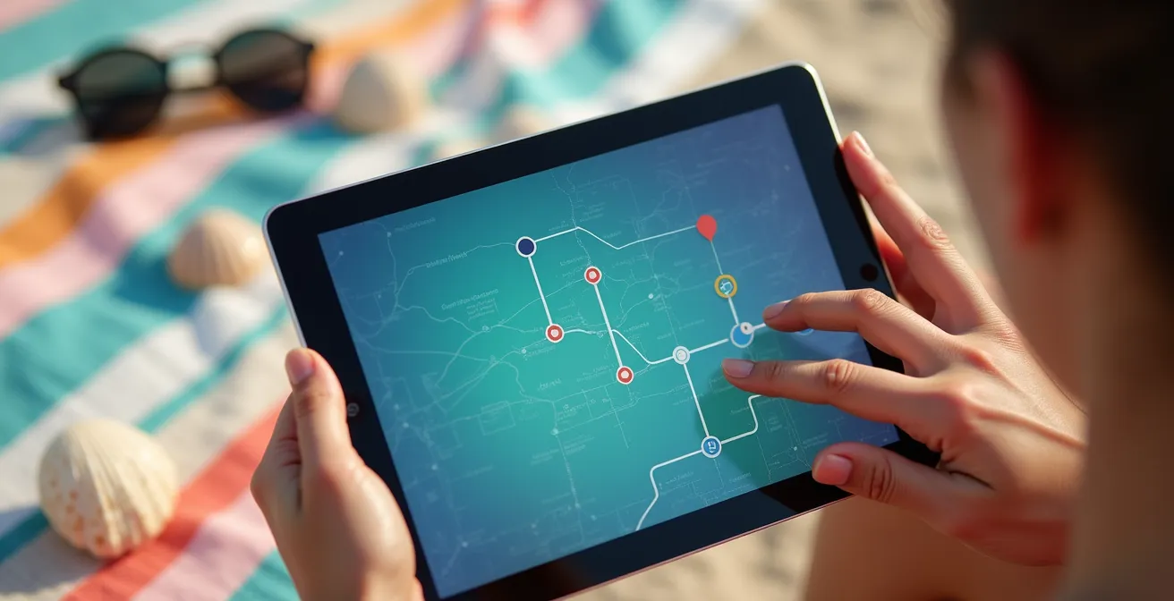 Mains tenant une tablette montrant une carte colorée avec des épingles de localisation, sur fond de plage tropicale