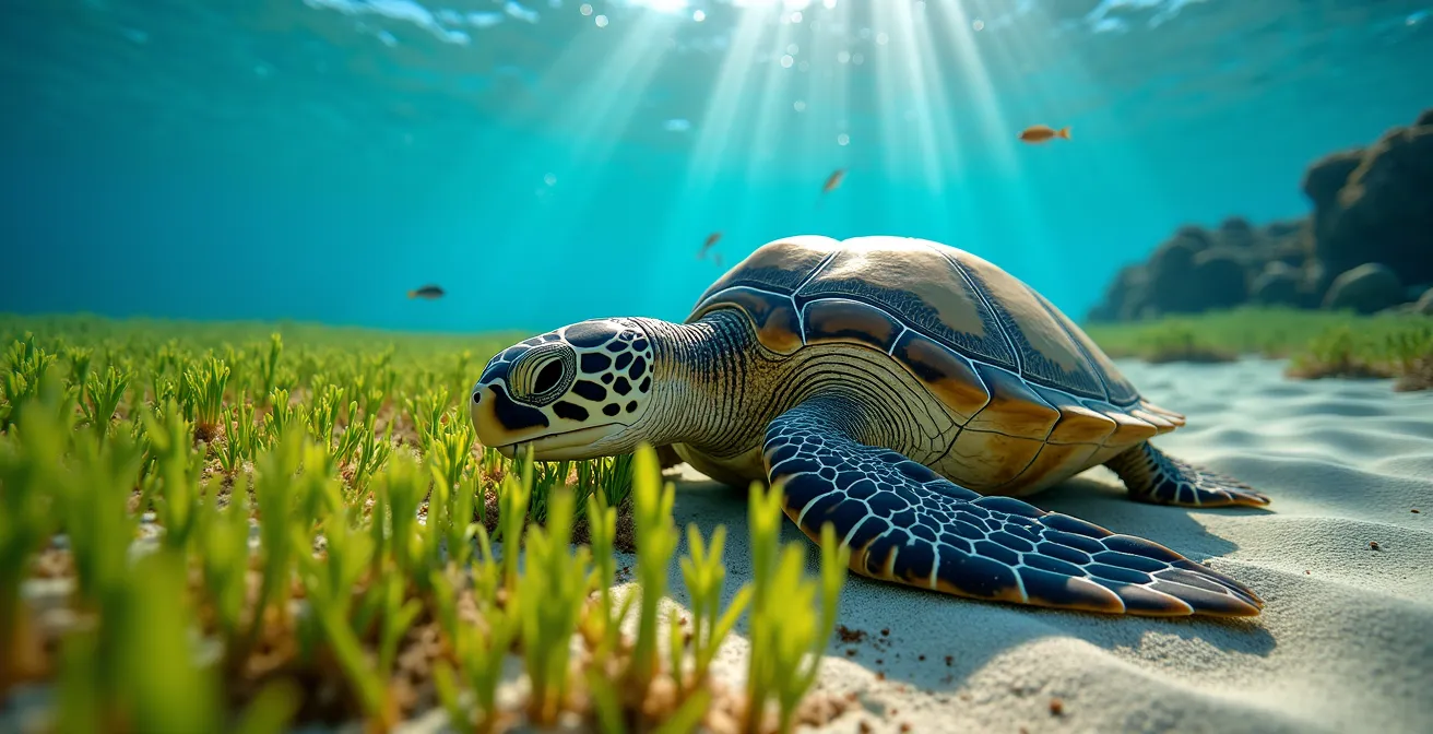 Tortue verte broutant les herbiers marins de Malendure vue en snorkeling