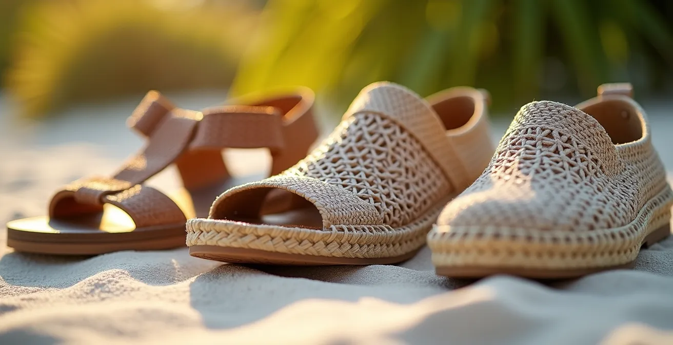 Trois paires de chaussures (sandales d'eau, chaussures de trail, espadrilles) disposées sur du sable blanc avec une végétation tropicale en arrière-plan.