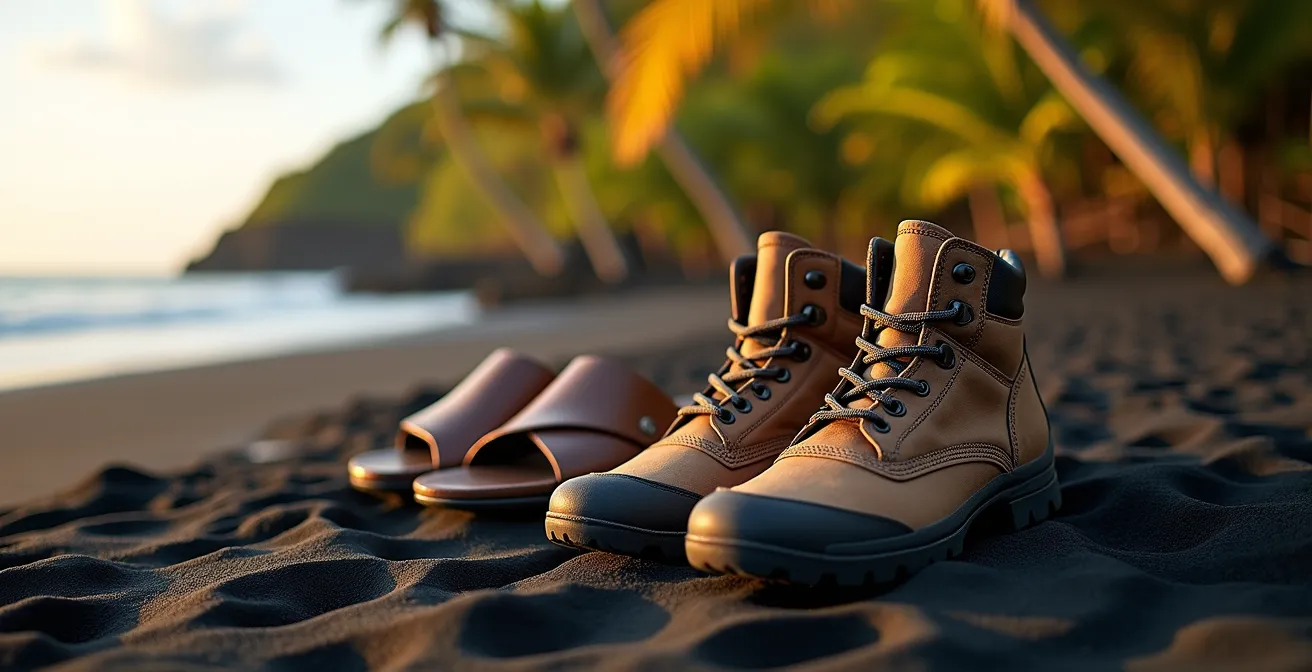 Trois types de chaussures pour randonner en Guadeloupe posées sur du sable volcanique