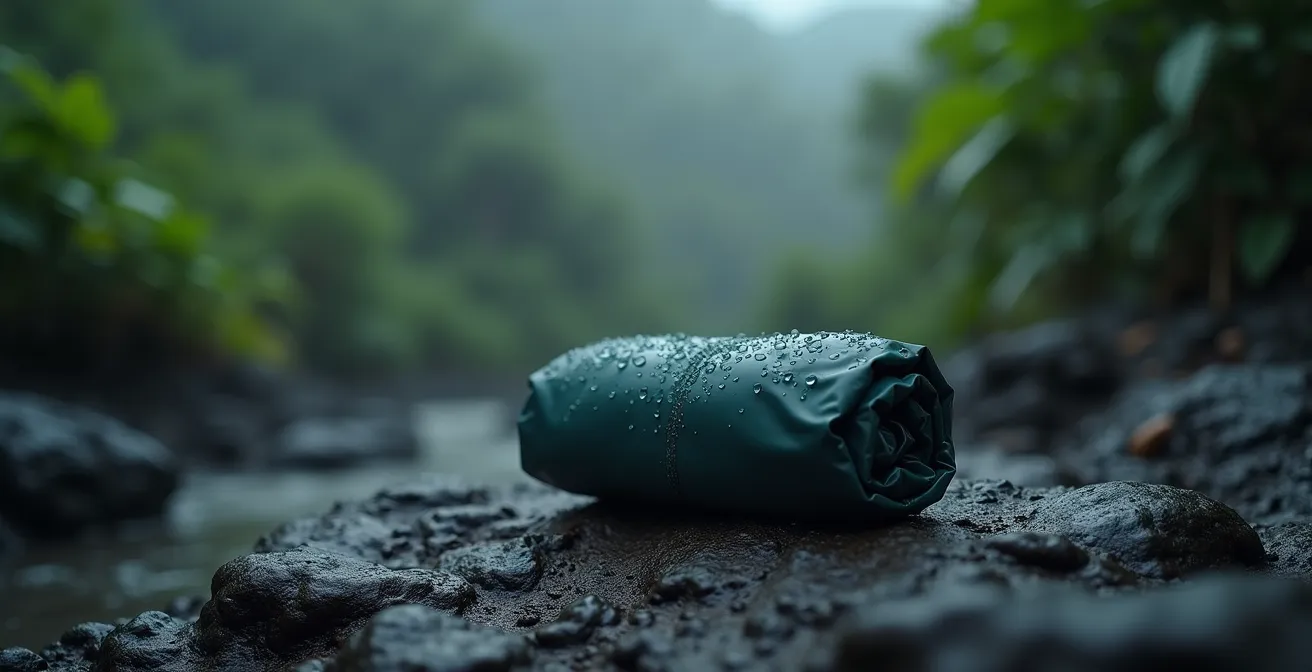 Veste de pluie technique et compacte, symbolisant la protection contre les averses soudaines en forêt tropicale guadeloupéenne.