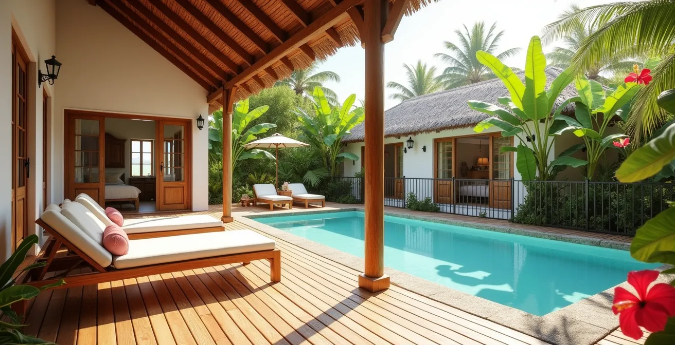 Villa créole avec piscine sécurisée, terrasse ombragée et jardin tropical en Guadeloupe