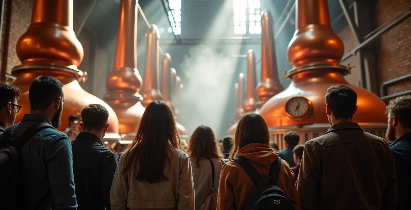 Vue intérieure d'une distillerie guadeloupéenne avec ses colonnes de distillation en cuivre et l'atmosphère vaporeuse caractéristique