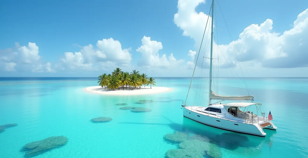 Voilier ancré dans les eaux cristallines près d'un îlet de sable blanc bordé de cocotiers