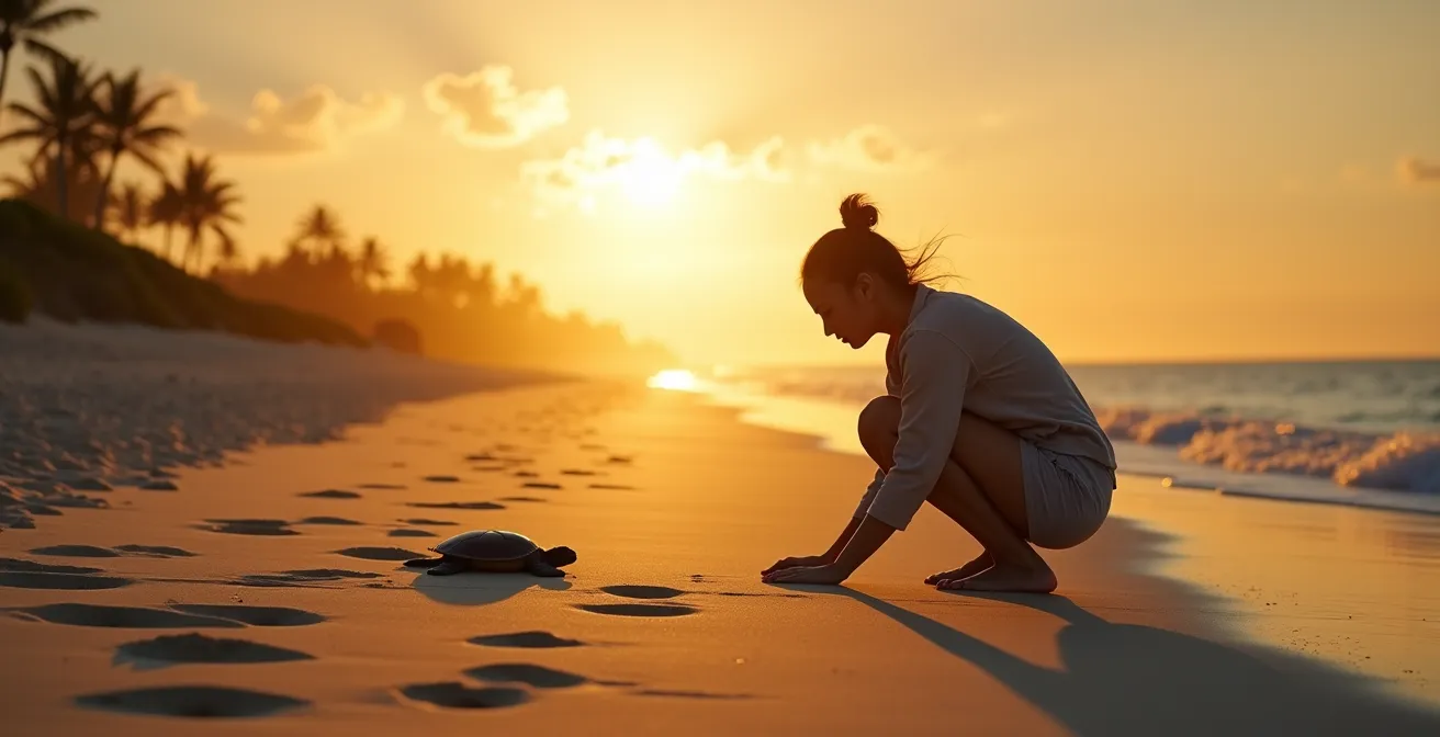 Volontaire participant au programme de protection des tortues marines sur une plage guadeloupéenne au lever du soleil