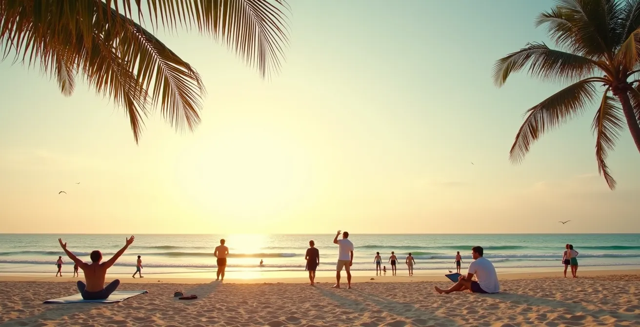 Scène de plage montrant différents types de voyageurs profitant chacun à leur manière de la Guadeloupe